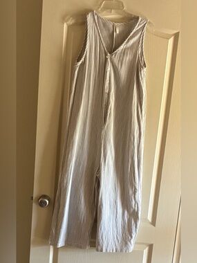 EUC Rylee + Cru Beige and White Striped Jumpsuit (Small)